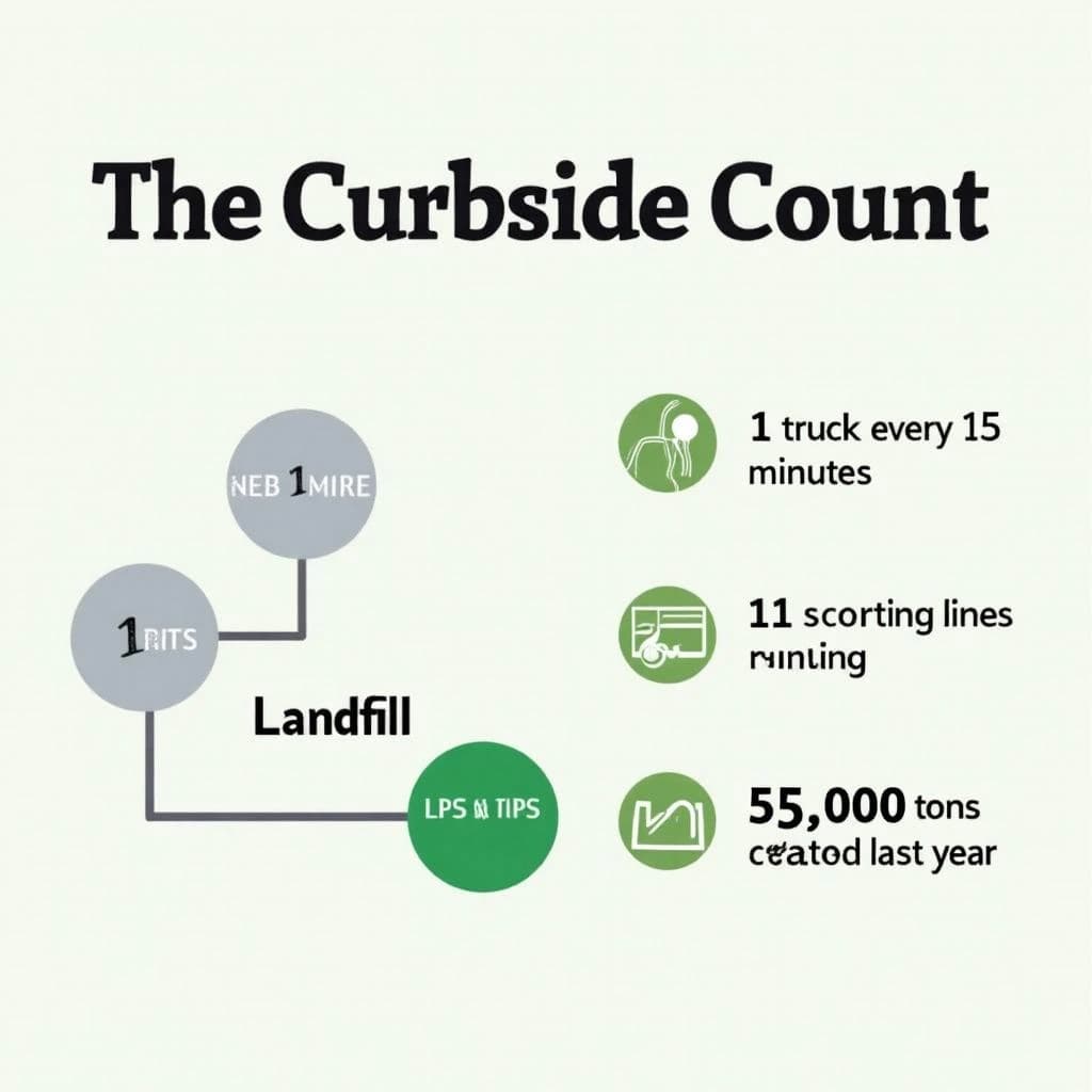 Printed poster titled "The Curbside Count": at the center a flow chart from curb to sorting floor, carrying two keyed regions, "Glass" shaded green and "Landfill" shaded gray, beside a right column of three stat chips reading "1 truck every 15 minutes", "11 sorting lines running" and "35,000 tons collected last year".