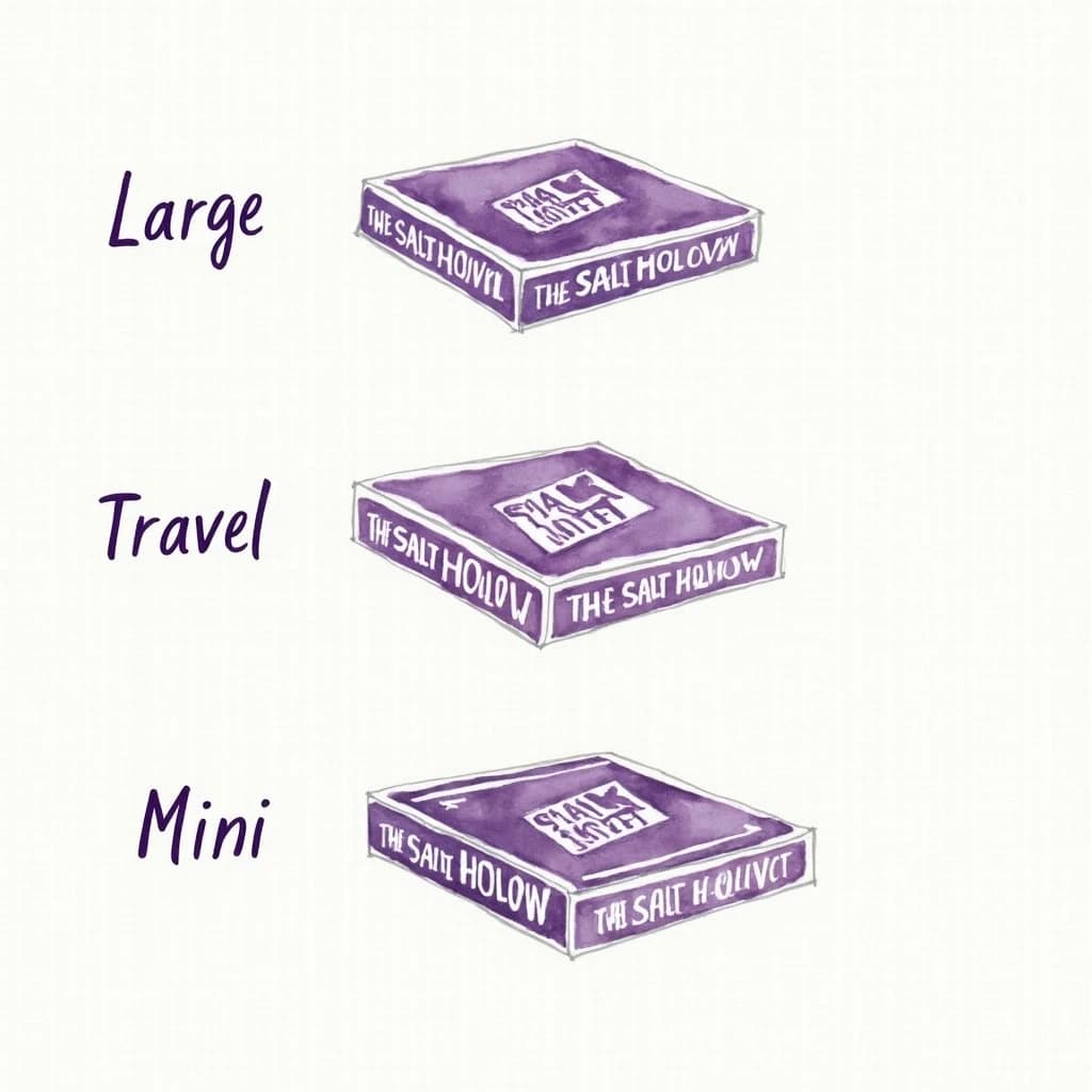 Watercolor of the same board-game box drawn in three editions, captioned "Large", "Travel" and "Mini", every edition carrying the wordmark "The Salt Hollow" in the same purple-and-white coloring, only the box size changing.