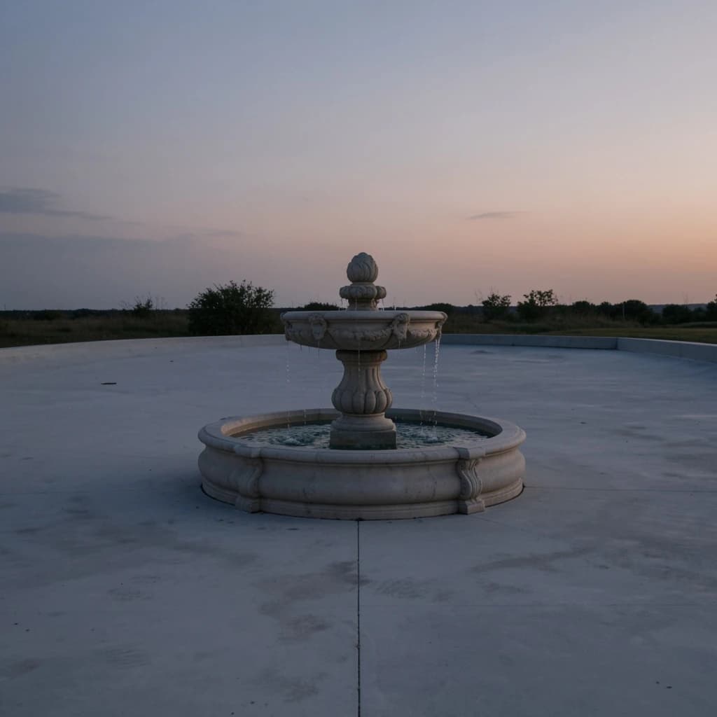 one marble fountain against plain concrete, dusk