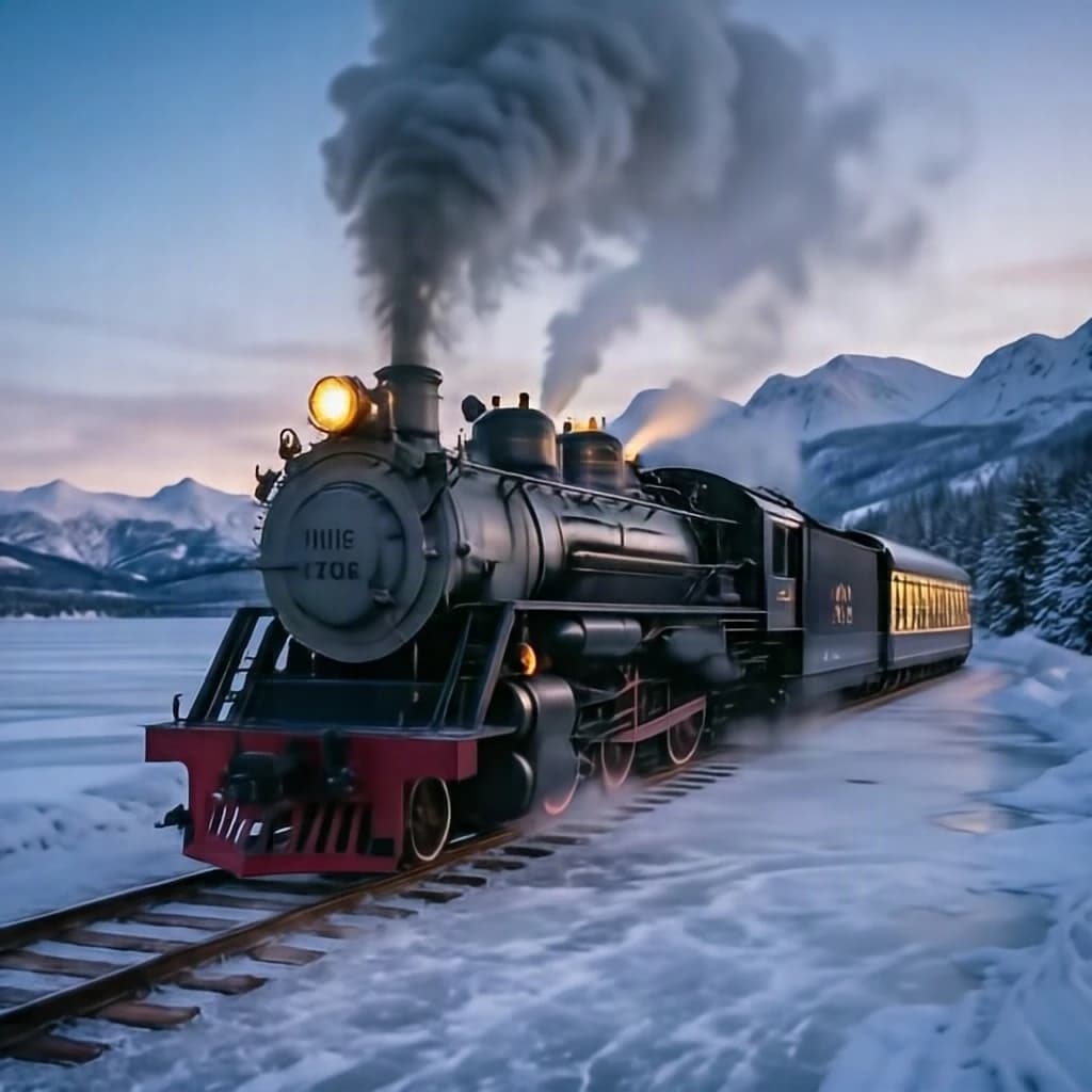 half-lit steam locomotive on smooth ice, dusk
