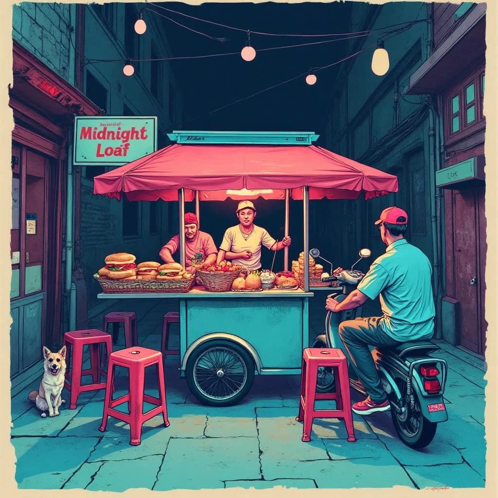 Two-color risograph print key art in fluorescent pink and teal with visible misregistration and paper grain, for a street food courier game. A night market alley: the banh mi cart at center with three baguettes standing upright in a basket and two more being sliced by the vendor, who hands one wrapped sandwich down to a courier straddling a scooter. Four plastic stools in front of the cart, three occupied and the one nearest the gutter tipped over. Two strings of bulbs cross overhead. A dog waits under the cart axle. The stall banner reads "Midnight Loaf".