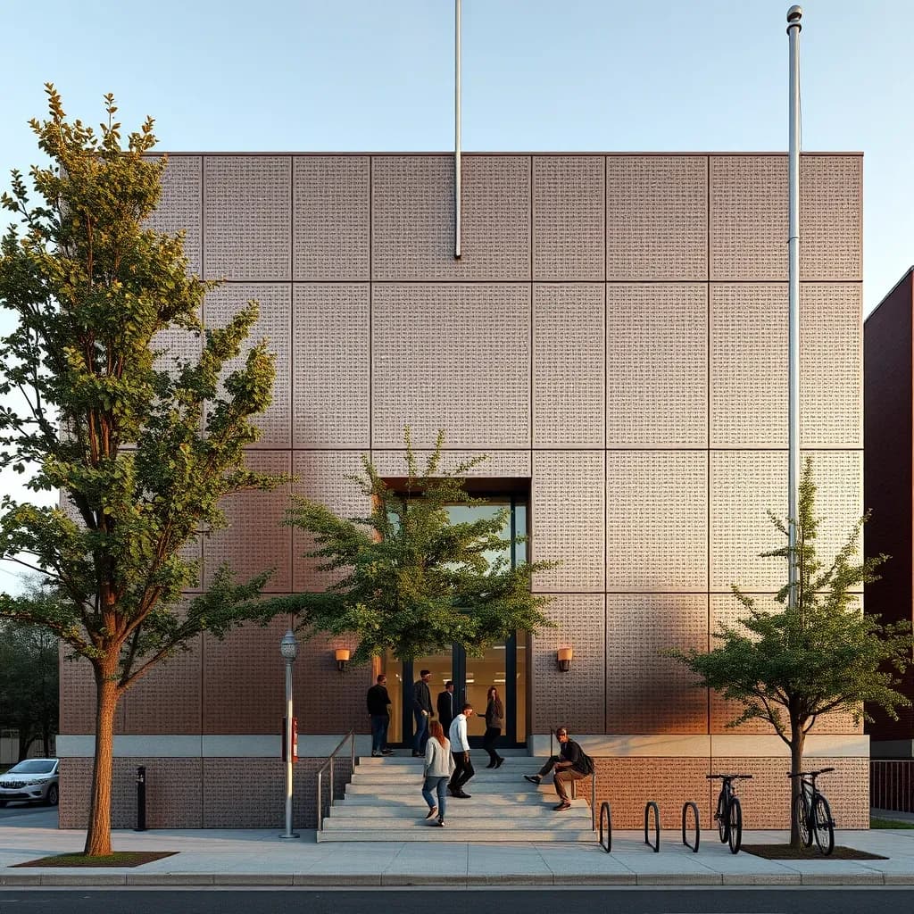 Photorealistic exterior render, late afternoon, of a small civic library clad in perforated bronze panels whose holes form a halftone pattern, dense and dark at the base and fading to sparse near the parapet.
Nine panels span the main facade in three bays of three, and the middle bay slides open to reveal clear glazing behind. Two street trees stand in front, the taller one shading the entrance stair, the shorter one set back beside a bike rack holding four bikes. Five people on the stair, three climbing and two seated near the handrail. One flagpole, bare.