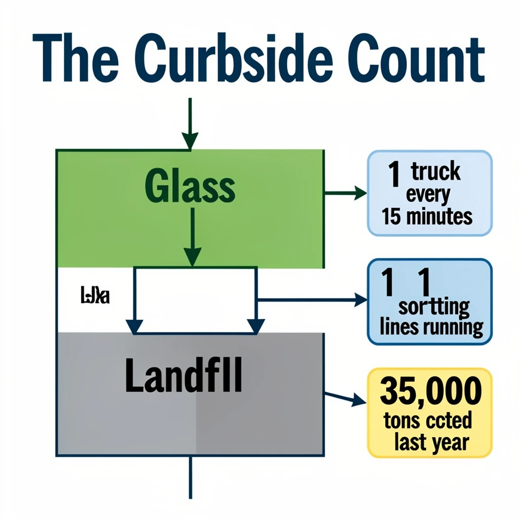 Printed poster titled "The Curbside Count": at the center a flow chart from curb to sorting floor, carrying two keyed regions, "Glass" shaded green and "Landfill" shaded gray, beside a right column of three stat chips reading "1 truck every 15 minutes", "11 sorting lines running" and "35,000 tons collected last year".