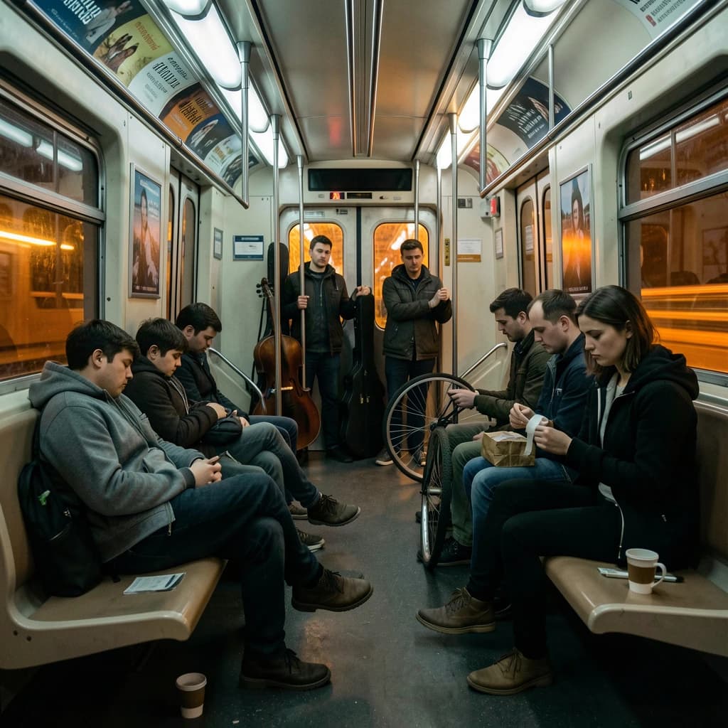Cinematic photograph inside a late night subway car, handheld, lit only by flickering ceiling strips and orange platform light sliding past the windows. Nine passengers down the car: the three on the left bench all sleep with heads tipped at different angles, the four on the right bench are awake, one folding a paper bag, one holding a bike wheel upright between his knees, one wrapping her own wrist in tape, one staring straight into the lens. Two more stand at the far doors gripping the same pole with a violin case wedged between them. An empty seat beside the nearest sleeper, a coffee cup rolling under it.
