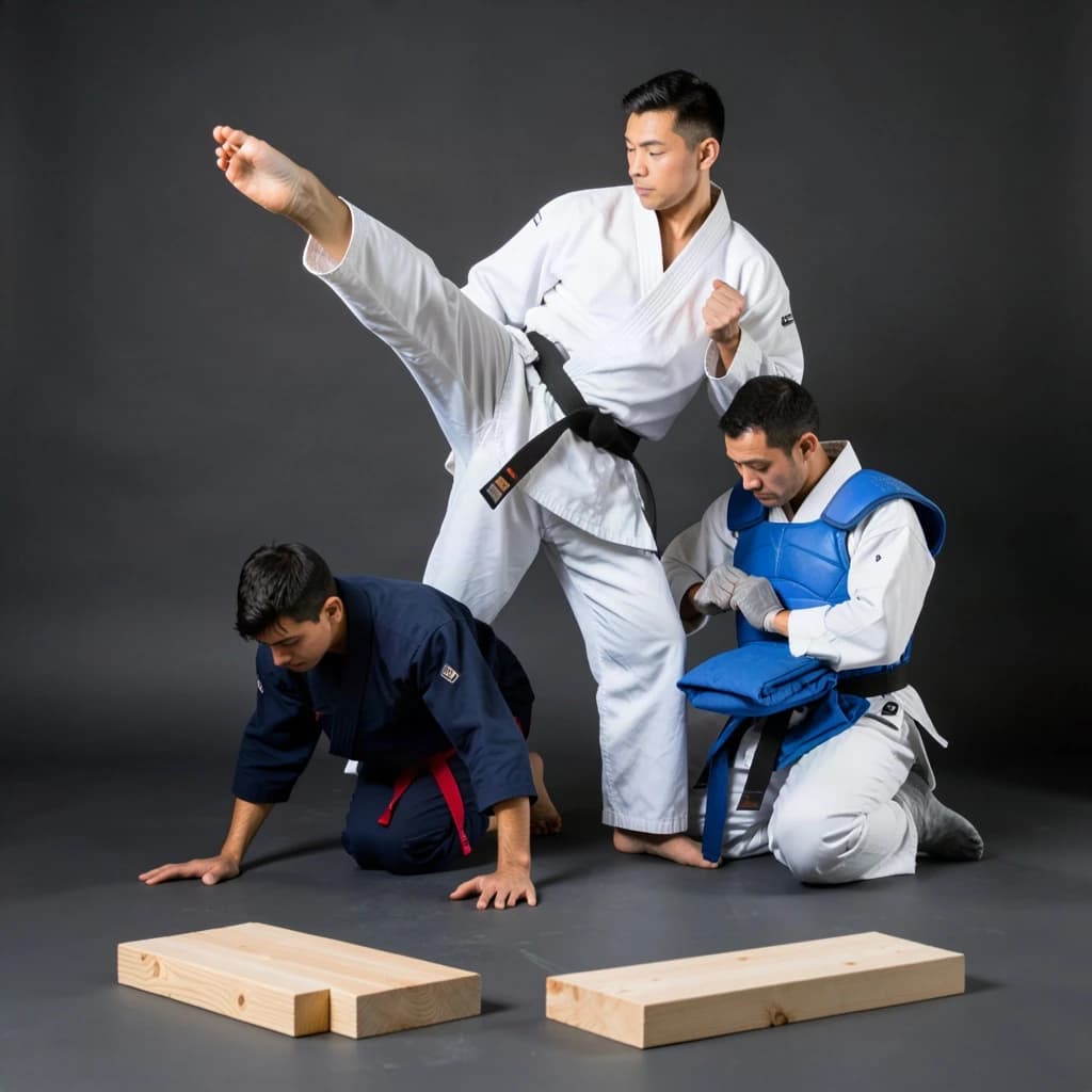 Studio photography, stunt and costume reference on a seamless charcoal backdrop, one hard key from camera left. Three taekwondo athletes in a tight diagonal: the tallest, in a white uniform with a black belt, holds a side kick frozen at chest height; the shortest, in navy with a red belt, ducks under it with both palms flat on the floor; the third kneels behind them fastening a blue chest guard onto a folded uniform. Two snapped pine boards lie at the front edge of the frame, a third board still whole in a holder's gloved hands.