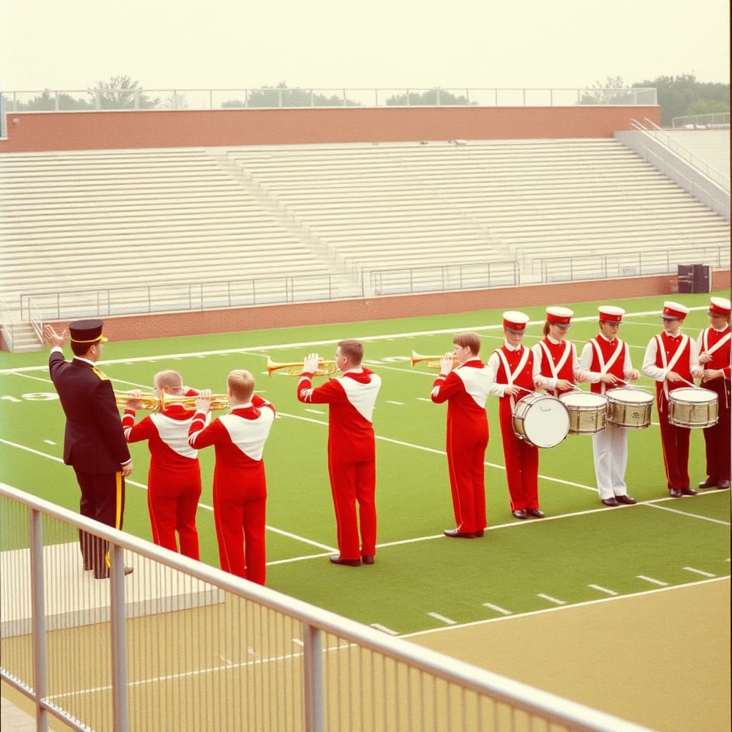 Nineteen seventies Kodachrome-era colour film look, faded warm grain and slight overexposure: a high school marching band seen from a stadium walkway. Front rank of five trumpet players in red and white uniforms, all with horns raised. Behind them three sousaphones in a triangle, the middle player caught mid turn. A line of four drummers to the right, the snare drummer nearest the camera mid stroke. A single drum major stands on a podium at the far left with his back to us, arms up. Empty green field behind them.