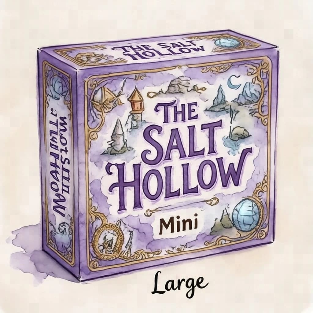 Watercolor of the same board-game box drawn in three editions, captioned "Large", "Travel" and "Mini", every edition carrying the wordmark "The Salt Hollow" in the same purple-and-white coloring, only the box size changing.