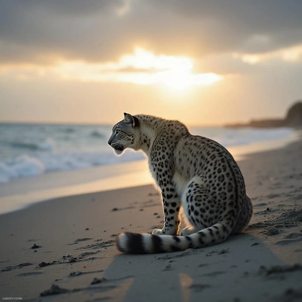 The pause when a snow leopard meets a low band of sun, on a windswept beach, under an overcast sky.