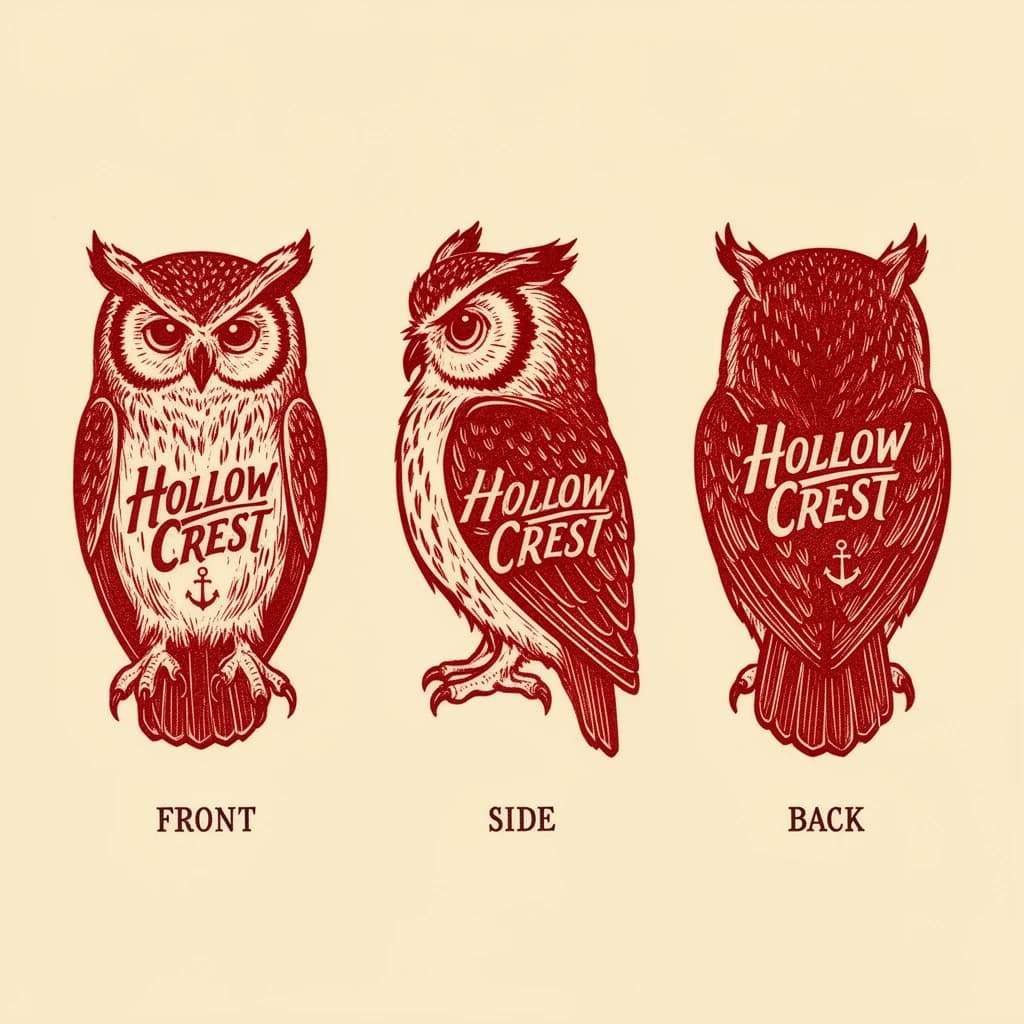 Linocut print: one bookstore owl mascot in three views. The views are captioned "front", "side" and "back" in that order. The wordmark "Hollow Crest" appears on every view with a small anchor mark beside it. The red-and-cream coloring is the same across every view, and only the angle changes.