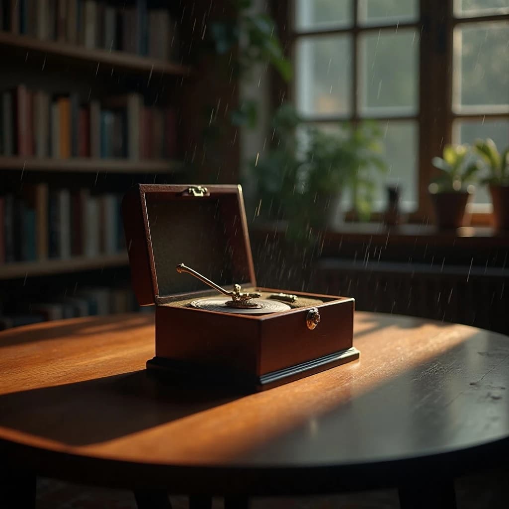 The quiet second when a music box takes on a thin rim of warm light, in a quiet library, in light rain.