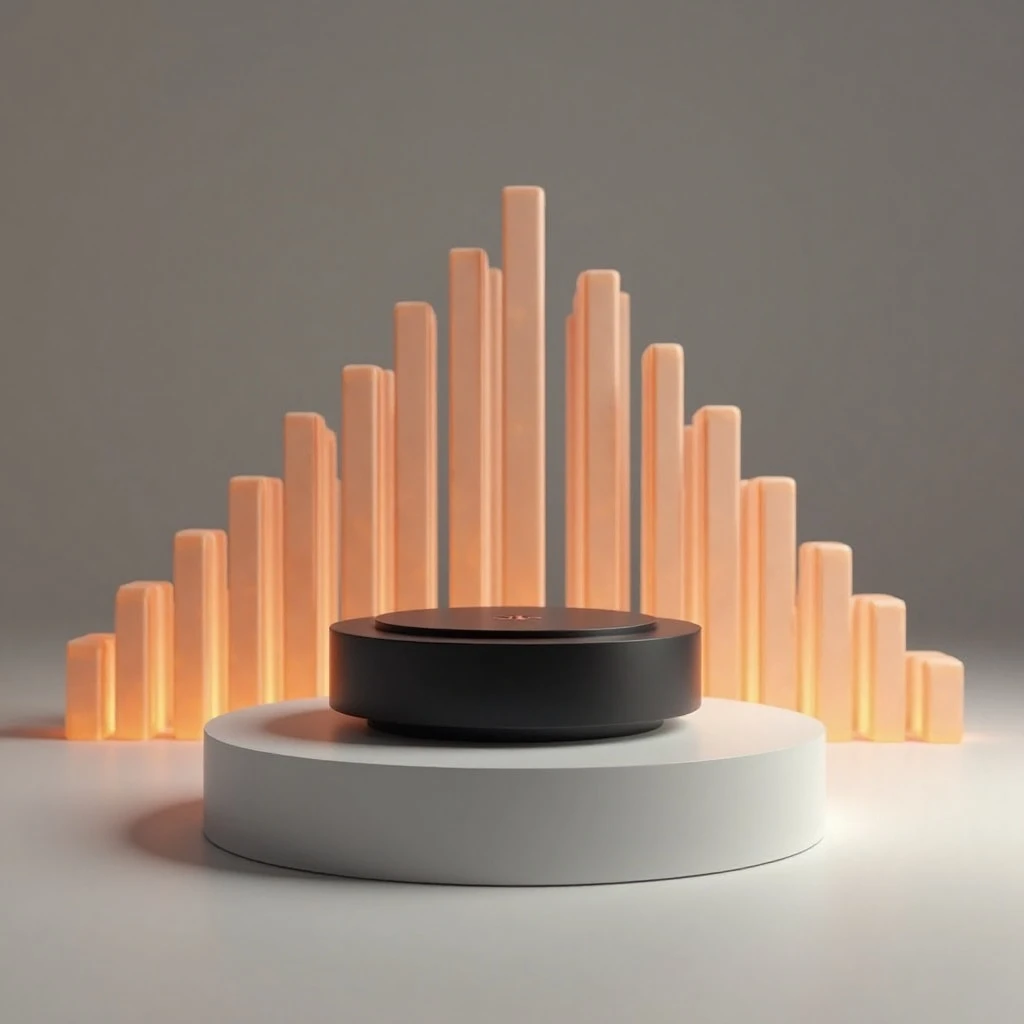 Cinematic 3D render of a matte black speaker puck on a white plinth, with a sound waveform behind it built from fourteen glowing amber bars in a gentle curve, the three tallest centred directly behind the puck and the bars shortening evenly toward both ends.