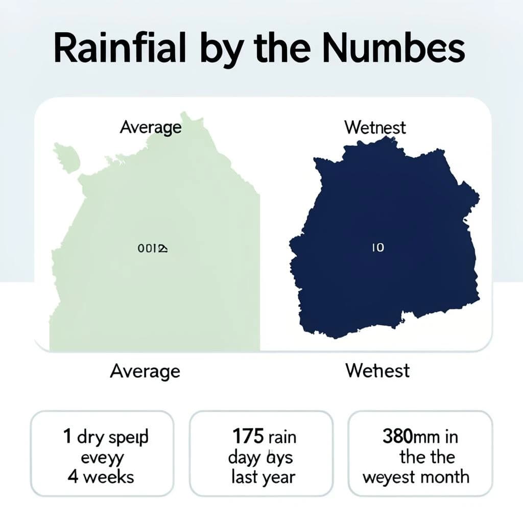 Flat infographic titled "Rainfall by the Numbers": at the center a twelve-month rainfall timeline, carrying two keyed regions, "Average" shaded pale green and "Wettest" shaded dark blue, beside a bottom row of three stat chips reading "1 dry spell every 4 weeks", "175 rain days last year" and "380mm in the wettest month".