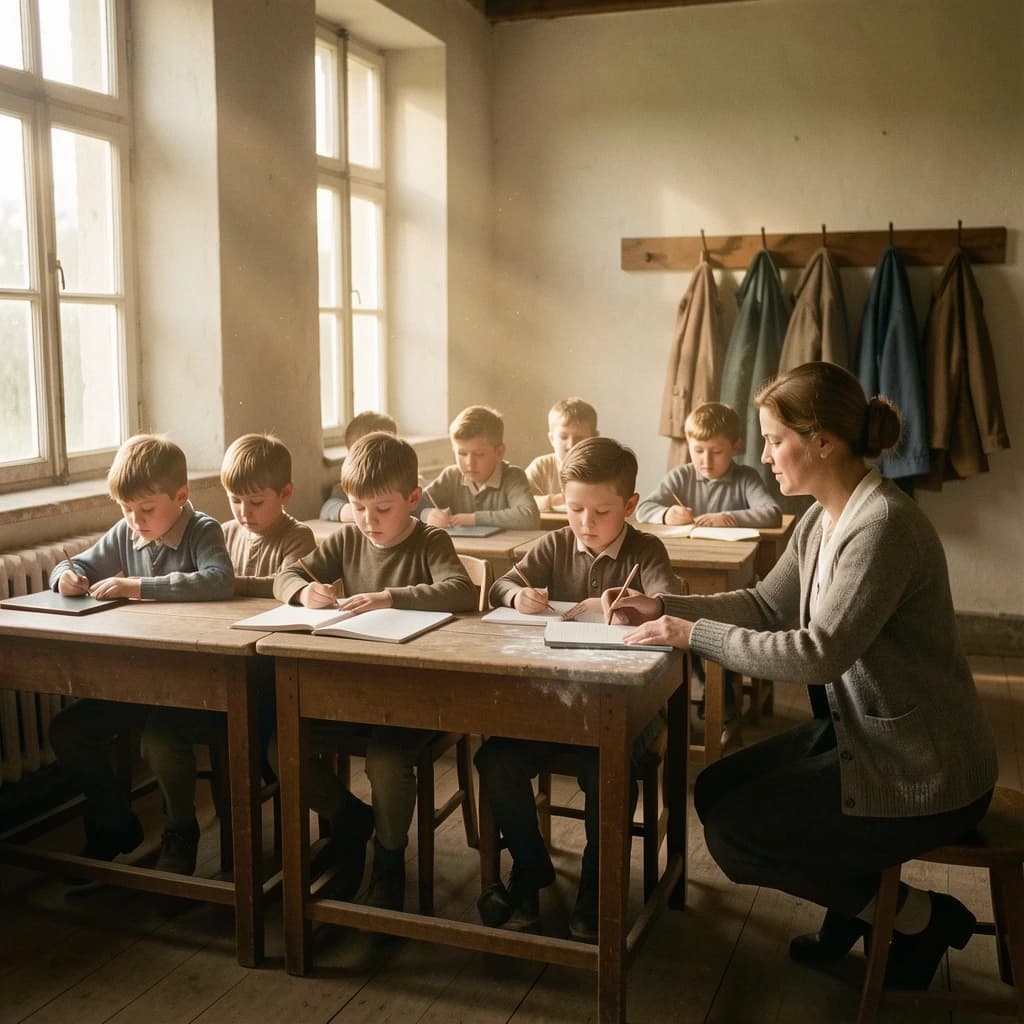 Documentary photograph inside a 1961 rural schoolhouse, late afternoon sun through tall windows. Twelve pupils at six shared wooden desks, two to a desk: the four in the window row copy from slates, the four in the middle row have open exercise books, the four along the back wall are turned around watching. The teacher, a woman in a grey cardigan with chalk dust on her sleeve, kneels beside the desk nearest the door, one hand steadying a boy's pencil. Four wall hooks behind her hold three coats, the middle hook bare. Warm dust in the light, fine grain, nobody posing.