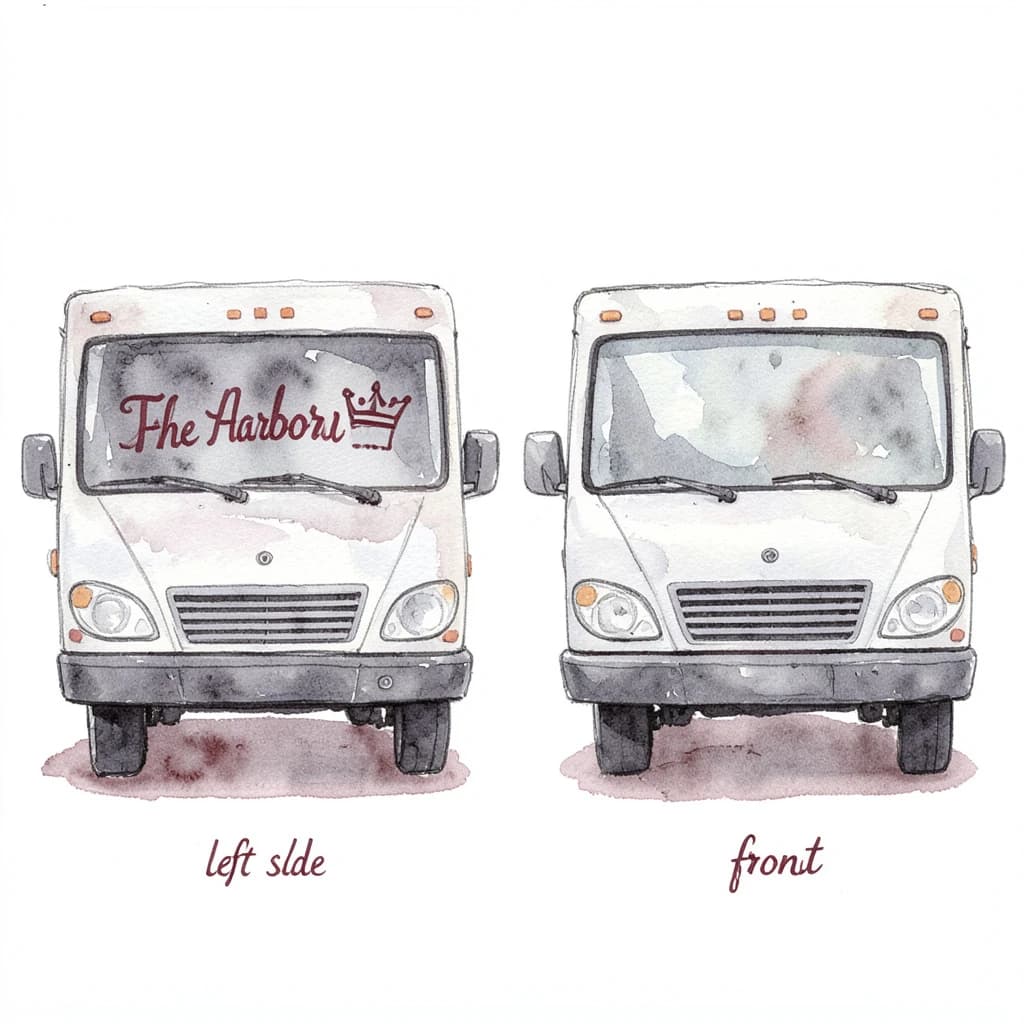 Watercolor of the same food truck drawn in two sides, captioned "left side" and "front", every side carrying the wordmark "The Harbor Kiln" with a simple crown outline beside it in the same maroon-and-gray coloring, only the side changing.