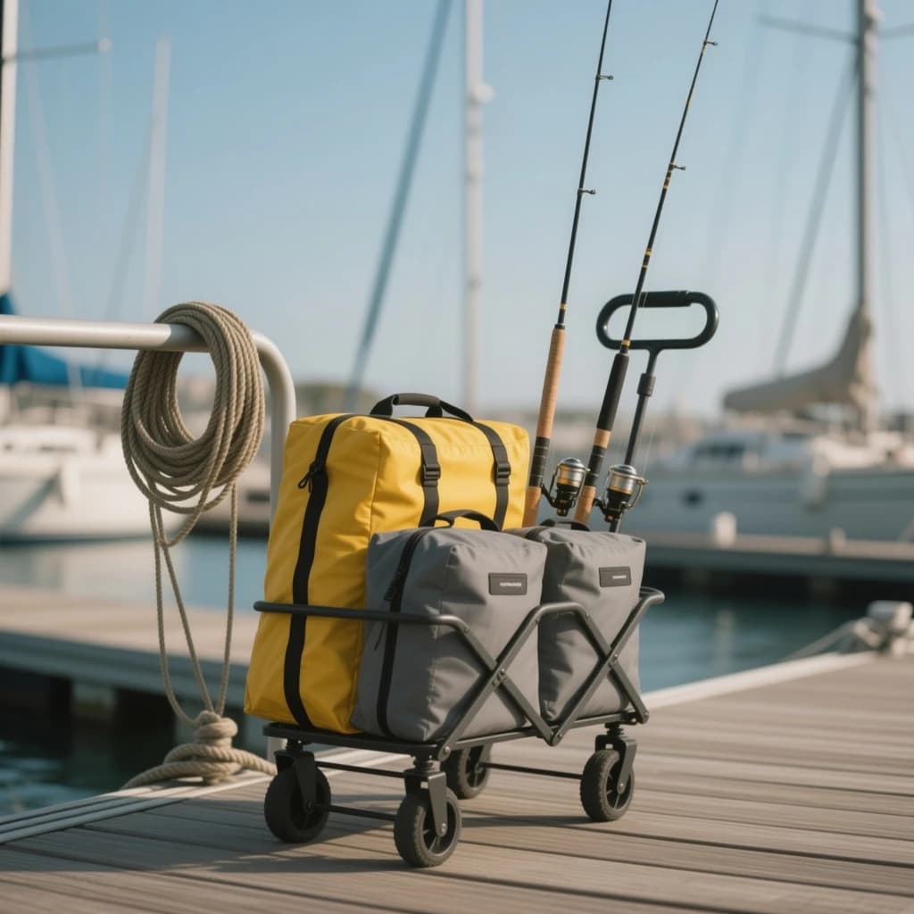 Lifestyle listing photo on a marina dock: a folding dock cart holding three dry bags, the largest yellow and the two smaller ones grey, two fishing rods leaning against the handle, and one coiled dock line hanging from the front rail. Masts blurred behind.