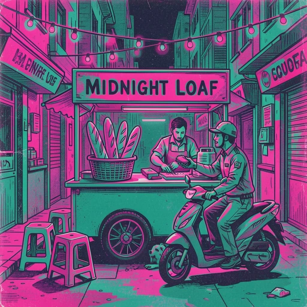 Two-color risograph print key art in fluorescent pink and teal with visible misregistration and paper grain, for a street food courier game. A night market alley: the banh mi cart at center with three baguettes standing upright in a basket and two more being sliced by the vendor, who hands one wrapped sandwich down to a courier straddling a scooter. Four plastic stools in front of the cart, three occupied and the one nearest the gutter tipped over. Two strings of bulbs cross overhead. A dog waits under the cart axle. The stall banner reads "Midnight Loaf".