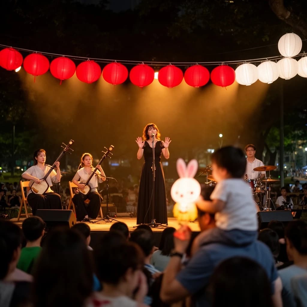 Concert photography, a Mid-Autumn Festival night in a Hong Kong park, shot from inside the crowd toward a low stage lit by warm floods. A singer at the centre microphone holds a note with both hands off the stand; on her left two erhu players sit side by side, on her right a single drummer stands. Eleven paper lanterns hang above the stage, the seven red ones strung in a line and the four white ones clustered at the right end. In the near foreground, out of focus, a child on a father's shoulders holds a rabbit lantern.