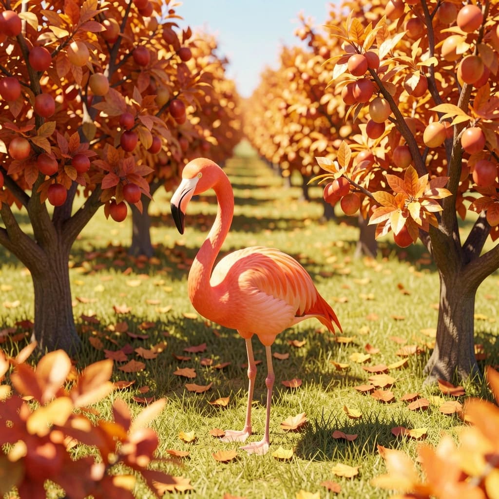 flamingo, autumn orchard, bright midday sun, telephoto compression, isometric 3D, subtle texture