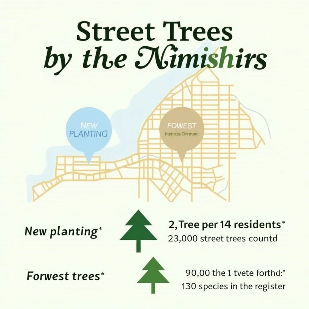 Printed poster titled "Street Trees by the Numbers": at the center a simplified street map with shaded districts, carrying two keyed regions, "New planting" shaded light blue and "Fewest trees" shaded tan, beside a bottom row of three stat chips reading "1 tree per 14 residents", "23,000 street trees counted" and "130 species in the register".