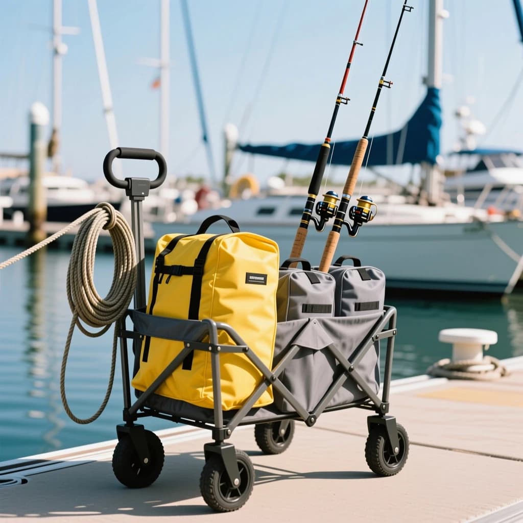 Lifestyle listing photo on a marina dock: a folding dock cart holding three dry bags, the largest yellow and the two smaller ones grey, two fishing rods leaning against the handle, and one coiled dock line hanging from the front rail. Masts blurred behind.
