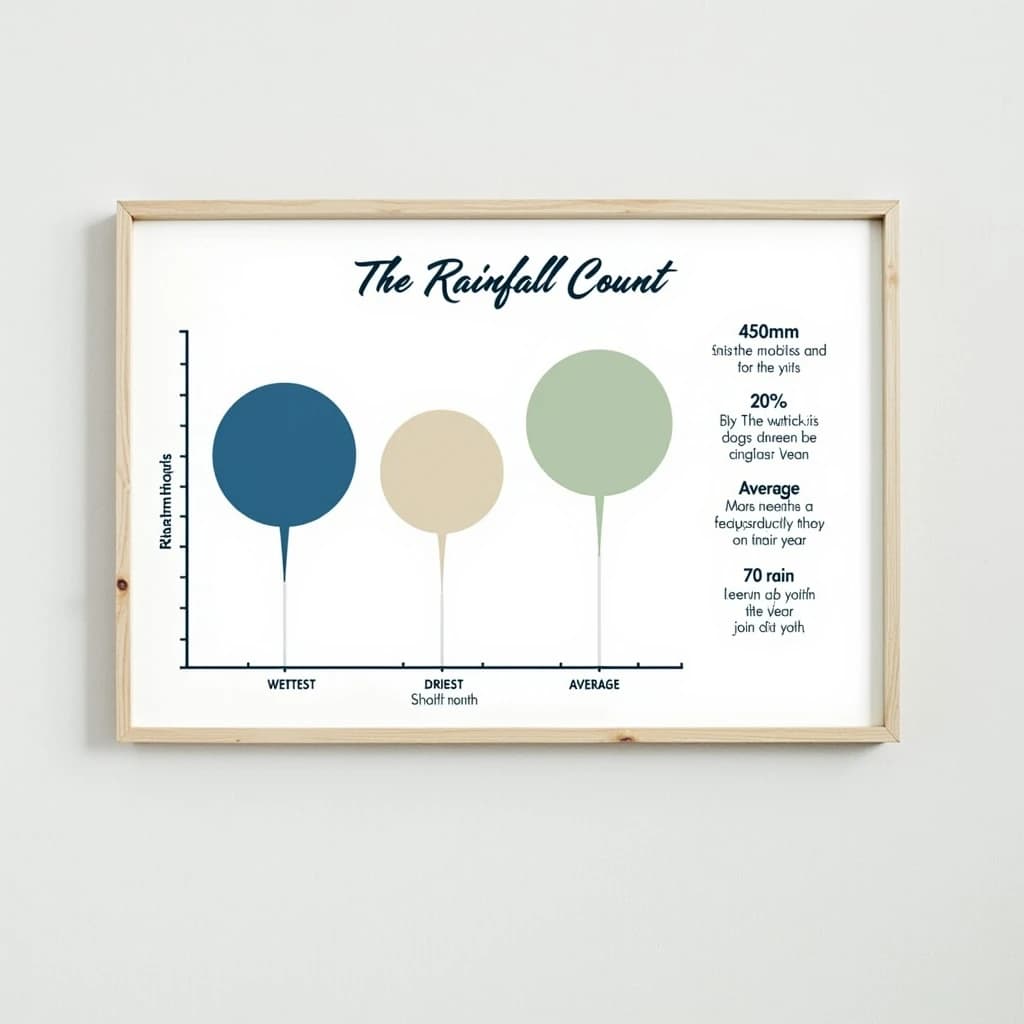Printed poster titled "The Rainfall Count": at the center a twelve-month rainfall timeline, carrying three keyed regions, "Wettest" shaded dark blue, "Driest" shaded sand and "Average" shaded pale green, beside a right column of three stat chips reading "450mm in the wettest month", "20% above the ten-year mean" and "70 rain days last year".