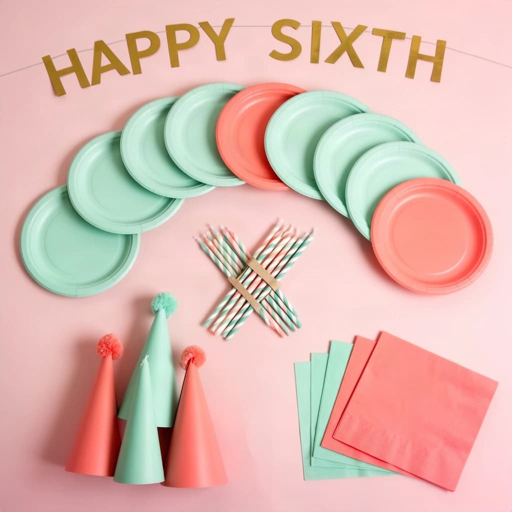 Flat lay photograph on pale pink paper, lit softly from above.
Eight paper plates fanned in an arc across the top of the frame, alternating mint and coral, four of each, mint first from the left.
Below the arc, twelve striped candles bundled under a paper band, laid diagonally.
Three cone party hats stacked at the lower left, only the middle hat trimmed with a pom pom.
At the lower right, six folded napkins in two piles of three, one pile mint and one coral.
A paper banner strung across the very top spells "HAPPY SIXTH" in gold letters, a few letters overlapping the plate arc.