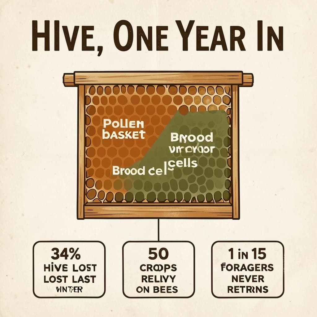 Printed poster titled "Hive, One Year In": at the center a cutaway of a hive frame, carrying two keyed regions, "Pollen basket" shaded amber and "Brood cells" shaded olive, beside a bottom row of three stat chips reading "34% of hives lost last winter", "50 crops rely on bees" and "1 in 15 foragers never returns".