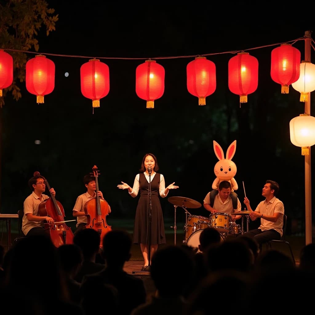 Concert photography, a Mid-Autumn Festival night in a Hong Kong park, shot from inside the crowd toward a low stage lit by warm floods. A singer at the centre microphone holds a note with both hands off the stand; on her left two erhu players sit side by side, on her right a single drummer stands. Eleven paper lanterns hang above the stage, the seven red ones strung in a line and the four white ones clustered at the right end. In the near foreground, out of focus, a child on a father's shoulders holds a rabbit lantern.