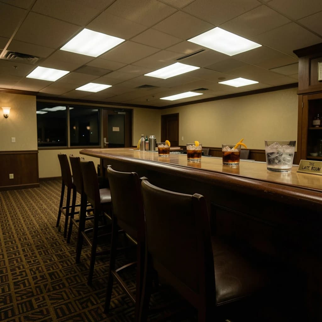 Liminal space photograph of a hotel bar at four in the morning, humming fluorescent ceiling panels, patterned carpet running off frame, nobody in sight. Eleven identical barstools stand in one unbroken row along the counter, only the fifth pulled out and turned. Three finished old fashioneds sit spaced along the bar, each down to melted ice and a single orange peel, and a fourth glass, freshly poured and still clear, waits at the far end beside a small brass sign reading "THE LATE ROOM".