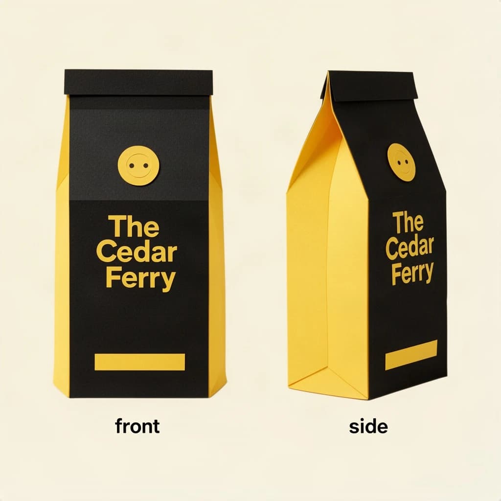 Cut-paper collage: one coffee bag in two views. The views are captioned "front" and "side" in that order. The wordmark "The Cedar Ferry" appears on every view. The black-and-yellow coloring is the same across every view, and only the angle changes.