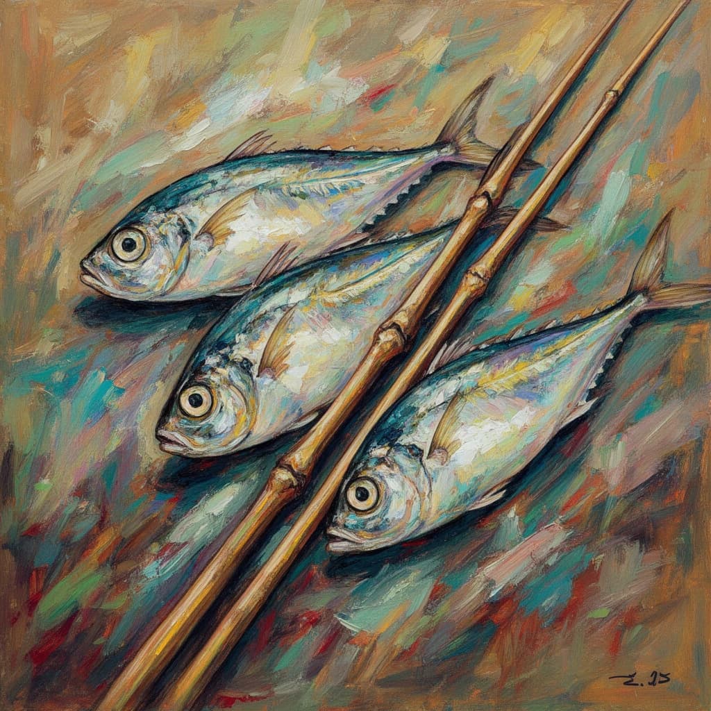 Butterfish and Spear in Sri Jayawardenepura Kotte, Sri Lanka in the style of abstract