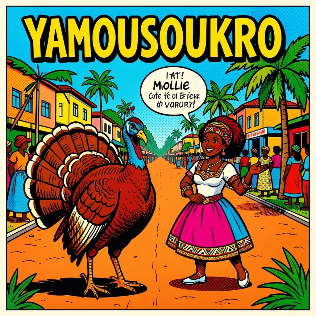Turkey and Mollie in Yamoussoukro, Côte d'Ivoire in the style of pop art