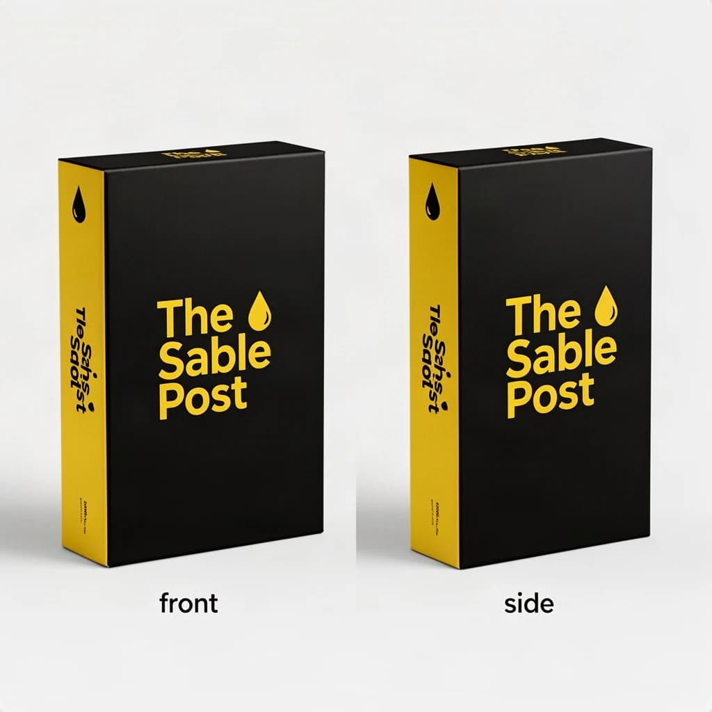 Printed poster of the same board-game box drawn in two views, captioned "front" and "side", every view carrying the wordmark "The Sable Post" with a single droplet symbol beside it in the same black-and-yellow coloring, only the angle changing.