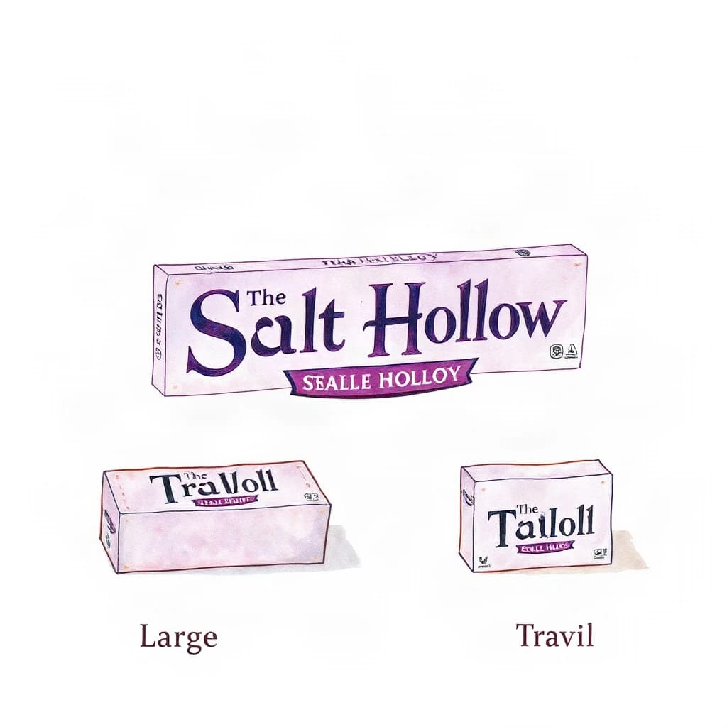 Watercolor of the same board-game box drawn in three editions, captioned "Large", "Travel" and "Mini", every edition carrying the wordmark "The Salt Hollow" in the same purple-and-white coloring, only the box size changing.