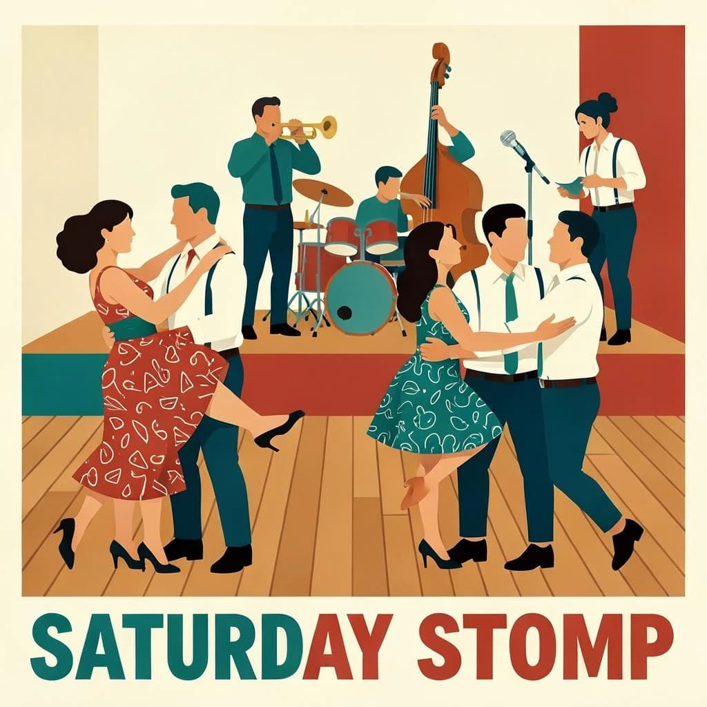 Flat design poster for a swing dance night. Four couples on a wooden floor, each caught in a different move: the front couple in a lift with the follower's feet off the ground, behind them a couple in a side by side kick, a third couple joined by one hand mid spin, and a fourth couple frozen in a dip near the back wall. All followers wear patterned dresses, all leaders wear braces and rolled sleeves. On a low stage behind them, a five piece band: two trumpets, a double bass, a drummer and a singer at a chrome microphone. Bold flat shapes, cream, teal and tomato red. "Saturday Stomp" in chunky letters along the bottom.