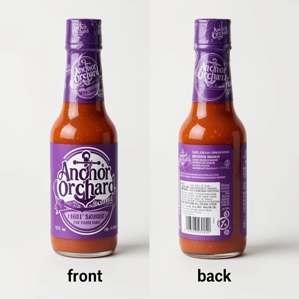 Printed poster: one hot-sauce bottle in two views. The views are captioned "front" and "back" in that order. The wordmark "Anchor Orchard" appears on every view. The purple-and-white coloring is the same across every view, and only the angle changes.