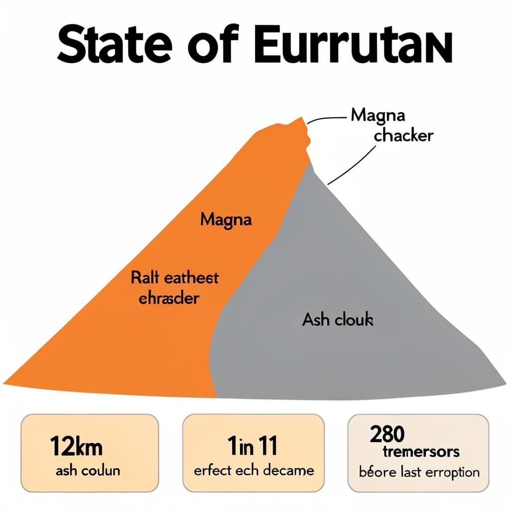 Flat infographic titled "State of Eruption". A simplified hazard map of the slopes sits at the center, carrying two keyed regions, "Magma chamber" shaded orange and "Ash cloud" shaded gray. Three stat chips run down a bottom row, reading "12km ash column", "1 in 11 erupt each decade" and "280 tremors before the last eruption". Each key color matches the shading of the region it names.