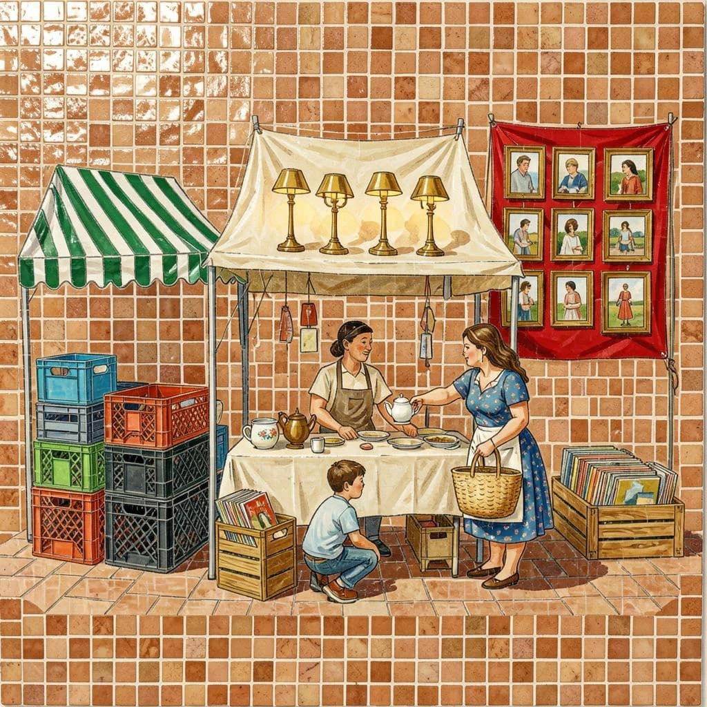 Glass tile mosaic of a Sunday flea market seen from a slightly raised angle, small square tesserae and warm terracotta grout. Three stall awnings in a row: the left one striped green and white over stacked vinyl crates, the middle plain canvas over six brass lamps with only the two tallest wearing shades, the right red awning hung with nine framed pictures in three rows of three. Under the middle awning a vendor in an apron hands a teapot across the table to a woman holding a straw basket, while a boy crouches at her feet by a crate of records. No lettering anywhere.