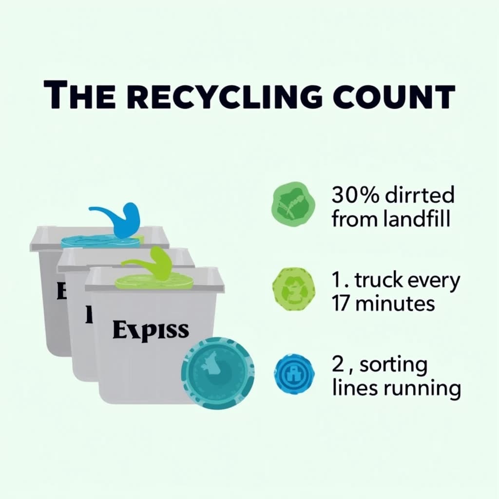 Printed poster titled "The Recycling Count". Three sorting bins with arrows to their destinations sits at the center, carrying two keyed regions, "Glass" shaded green and "Paper" shaded blue. Three stat chips run down a right column, reading "30% diverted from landfill", "1 truck every 17 minutes" and "2 sorting lines running". Each key color matches the shading of the region it names.