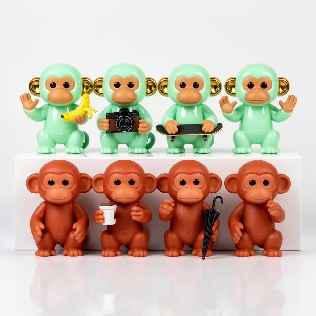 Vinyl designer toy photography: six monkey figures on a glossy white riser, arranged in two rows of three. The back row is glossy mint green, the front row matte terracotta. Each monkey holds a different thing: a banana, a tiny camera, a skateboard, a coffee cup, an umbrella, and the last one holds nothing at all with both hands raised. Only the mint monkeys have gold-painted ears. Crisp studio lighting, tight reflections on the vinyl.