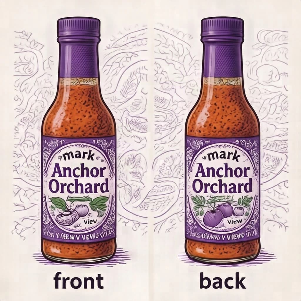 Printed poster: one hot-sauce bottle in two views. The views are captioned "front" and "back" in that order. The wordmark "Anchor Orchard" appears on every view. The purple-and-white coloring is the same across every view, and only the angle changes.
