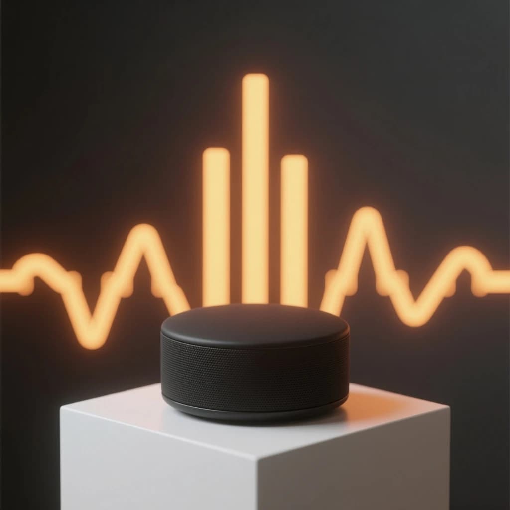 Cinematic 3D render of a matte black speaker puck on a white plinth, with a sound waveform behind it built from fourteen glowing amber bars in a gentle curve, the three tallest centred directly behind the puck and the bars shortening evenly toward both ends.