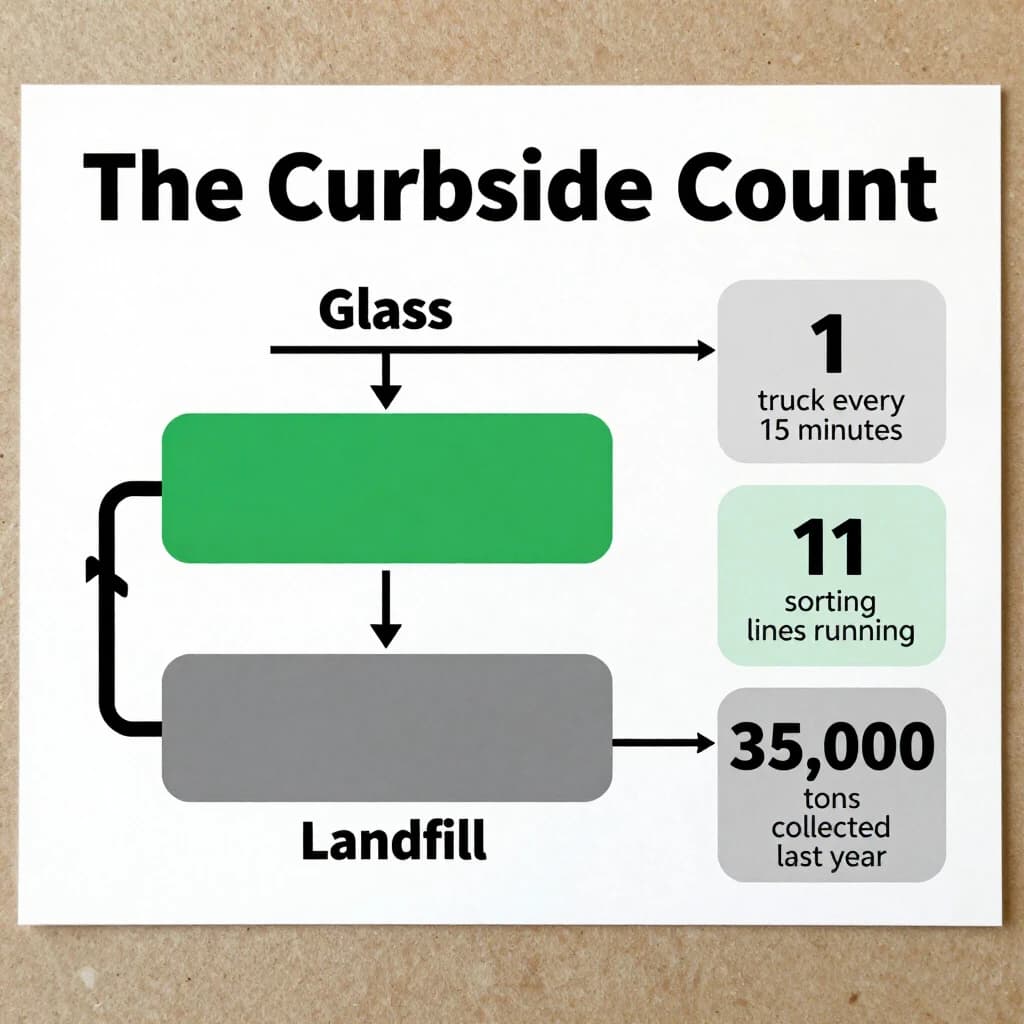 Printed poster titled "The Curbside Count": at the center a flow chart from curb to sorting floor, carrying two keyed regions, "Glass" shaded green and "Landfill" shaded gray, beside a right column of three stat chips reading "1 truck every 15 minutes", "11 sorting lines running" and "35,000 tons collected last year".
