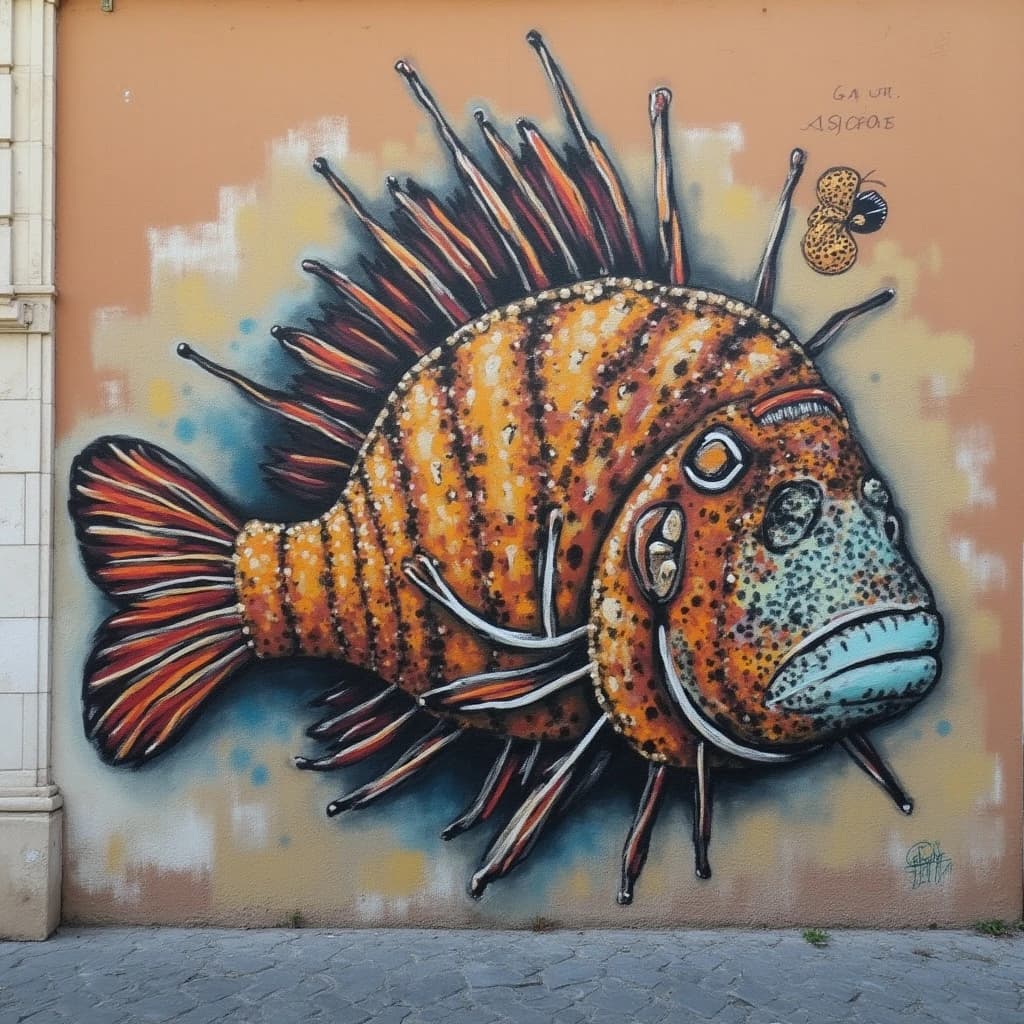 Fungus Gnat and Banded Rudderfish in Rome, Italy in the style of graffiti