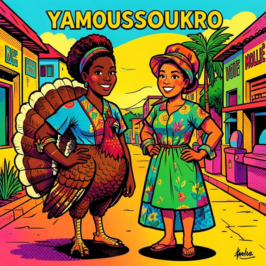 Turkey and Mollie in Yamoussoukro, Côte d'Ivoire in the style of pop art