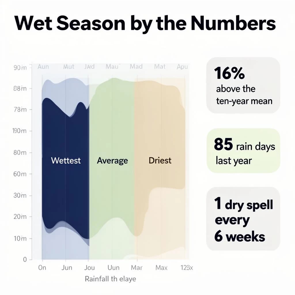 Flat vector illustration titled "Wet Season by the Numbers". A twelve-month rainfall timeline sits at the center, carrying three keyed regions, "Wettest" shaded dark blue, "Average" shaded pale green and "Driest" shaded sand. Three stat chips run down a right column, reading "16% above the ten-year mean", "85 rain days last year" and "1 dry spell every 6 weeks". Each key color matches the shading of the region it names.