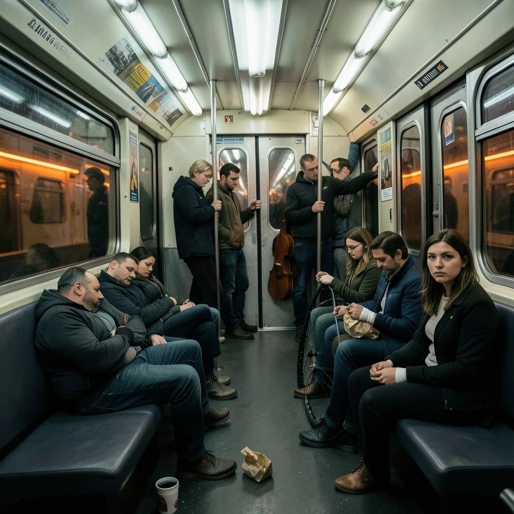 Cinematic photograph inside a late night subway car, handheld, lit only by flickering ceiling strips and orange platform light sliding past the windows. Nine passengers down the car: the three on the left bench all sleep with heads tipped at different angles, the four on the right bench are awake, one folding a paper bag, one holding a bike wheel upright between his knees, one wrapping her own wrist in tape, one staring straight into the lens. Two more stand at the far doors gripping the same pole with a violin case wedged between them. An empty seat beside the nearest sleeper, a coffee cup rolling under it.