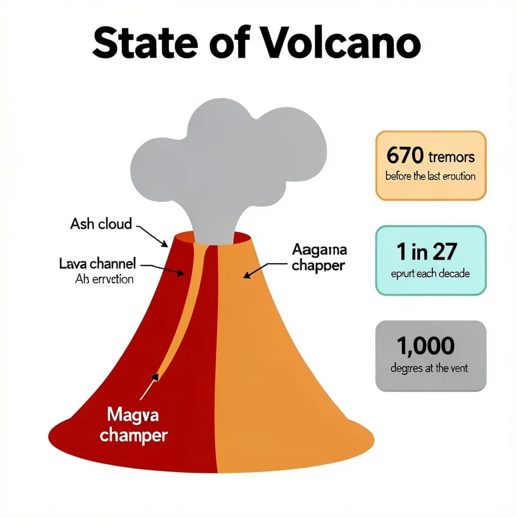 Flat vector illustration titled "State of Volcano": at the center a cutaway cone, carrying three keyed regions, "Lava channel" shaded red, "Ash cloud" shaded gray and "Magma chamber" shaded orange, beside a right column of three stat chips reading "670 tremors before the last eruption", "1 in 27 erupt each decade" and "1,000 degrees at the vent".