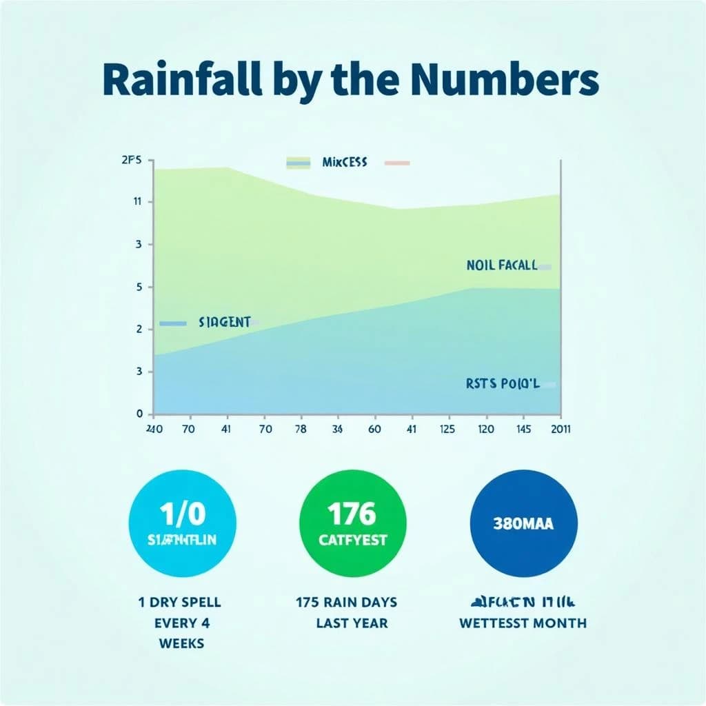 Flat infographic titled "Rainfall by the Numbers": at the center a twelve-month rainfall timeline, carrying two keyed regions, "Average" shaded pale green and "Wettest" shaded dark blue, beside a bottom row of three stat chips reading "1 dry spell every 4 weeks", "175 rain days last year" and "380mm in the wettest month".