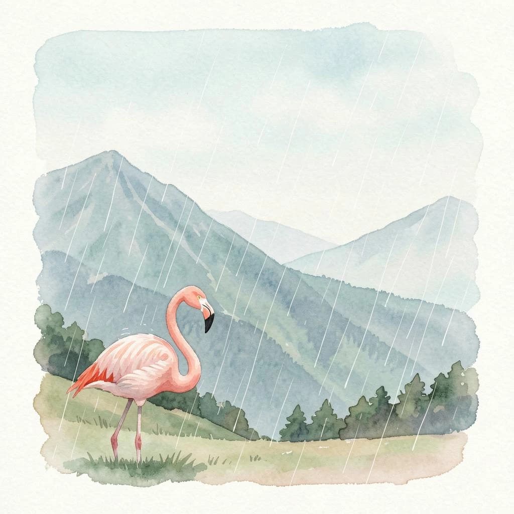 flamingo, mountain ridge, light rain, off-center framing with negative space, watercolor, soft edges